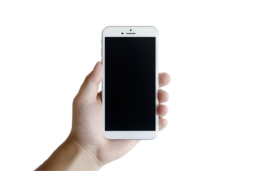Man hand holding White cellphone isolated on transparent or white background, png 