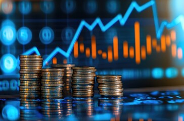 Rising coins atop financial chart