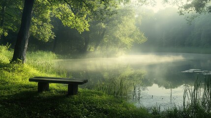 Obraz premium Serene morning mist over calm lake, bench by trees; peaceful nature scene