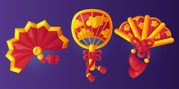 Traditional Chinese red folding pleated fans with floral, cloud ornaments. Gold, silk, paper textures. Decorative Asian culture , tradition. Japanese Lunar New Year festivals, celebrations, souvenirs