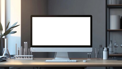 Modern Computer Workspace with Blank Screen and Lab Equipment