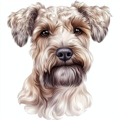 Illustration of the Soft-coated Wheaten Terrier dog, soft watercolor tones, white background, detailed illustration, cartoonish.