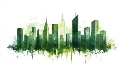 Obraz premium Abstract NYC Skyline in Green Watercolor. Possible use Stock photo for environmental themes or abstract art