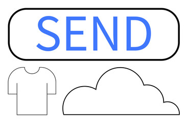 Blue send button paired with a minimalist cloud and shirt outline. Ideal for file sharing, data transfer, cloud storage, textile commerce, digital organization, communication tools, flat simple