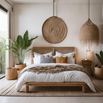 Chambre parentale avec d&eacute;coration de style Boho chic. Generated image