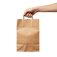 Hand holding kraft paper bag isolated on transparent background, png