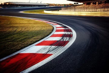 An empty motorsport asphalt race track lies ready for action.