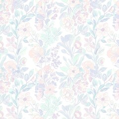 Fototapeta premium Seamless floral pattern with hand-drawn flowers and leaves, soft pastel colors, elegant and decorative design on a white background