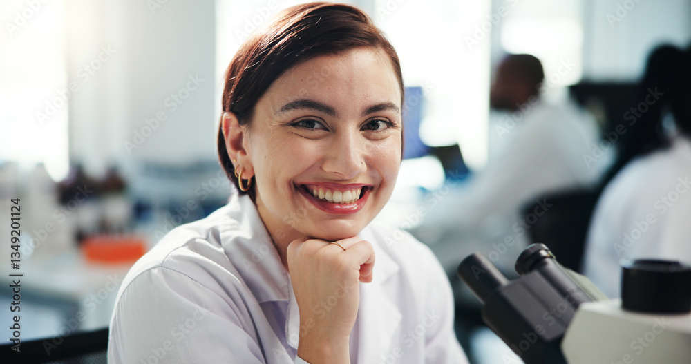 Poster portrait, woman and scientist with microscope in lab for medical research, experiment and about us. 