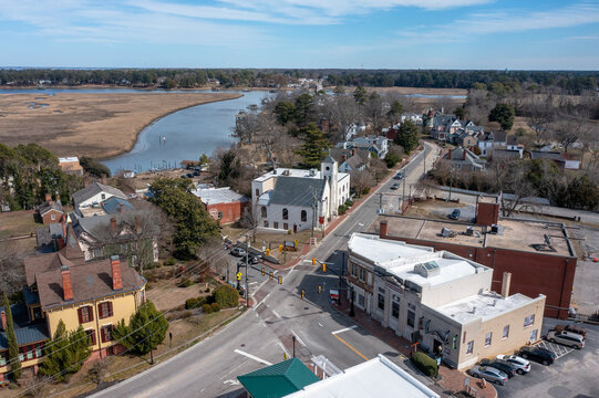 Aerial View of Historic Buildings in Downtown Smithfield Virginia at a Crossroad