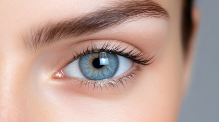 Fototapeta premium Beautiful blue eye of a young woman with natural makeup and a perfectly shaped eyebrow in soft studio light.