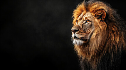 Fototapeta premium Majestic lion portrait with dramatic lighting on black background, powerful male lion with thick mane, wildlife photography, African safari theme, strength and leadership concept