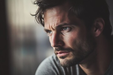 Obraz premium A pensive man gazing out a window, lost in thought, his face etched with contemplation and a hint of melancholy, bathed in soft, dramatic light.