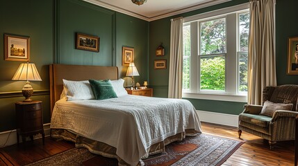 Obraz premium Cozy yet Luxurious Bedroom with Stylish Green Accents