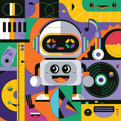 Fototapeta premium 2d vector illustration icon cool entertainment cartoon character music tools (Drum , Music Note , Headphones ,Microphone , Piano , Guitar ,Record) 