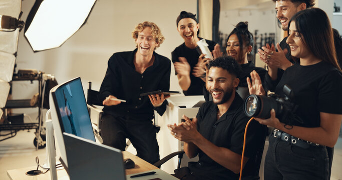 Fashion, people or clapping for photography success for production results, project or review. Team, producer or computer to check for studio photographers, magazine catalog or filming achievement