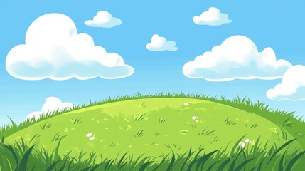 Obraz premium Cartoon grassy hill under a clear sky. Possible use children's book illustration