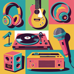 2d vector illustration icon cool entertainment cartoon character  music tools (Drum , Music Note , Headphones ,Microphone , Piano , Guitar ,Record) 
