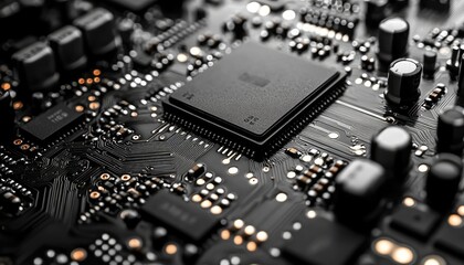 Close-up of a circuit board's intricate design, showcasing components and connections. Illustrates complex technology, ideal for tech articles or websites.