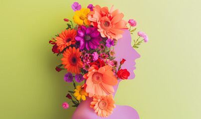 Beautiful Minimalistic Floral Art Composition with Abstract Silhouette of Woman and Blooming Colorful Flowers on Pastel Green Background, Symbolizing Feminine Creativity and Growth