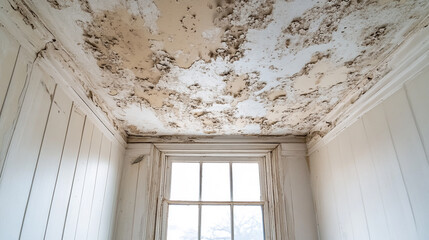 Damaged ceiling with water stains and peeling paint in a room with a window and white walls