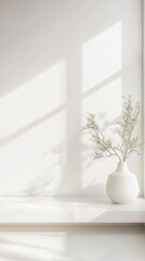 Sunlit minimalist room, vase, plant, window, shadow, interior design mockup