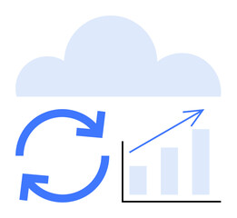 Cloud above arrows forming a sync loop and a bar graph with an upward arrow. Ideal for technology, data storage, cloud services, analytics, growth, strategy, innovation. Flat simple metaphor