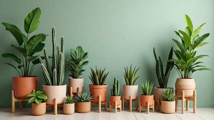 Fototapeta premium Captivating assortment of verdant houseplants of varying sizes and species in diverse terracotta pots and holders creates a harmonious, tranquil indoor scene against a wall.