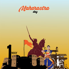 1st May Maharashtra Day Graphic – Iconic Landmarks, Chhatrapati Shivaji Maharaj Silhouette, Cultural Dance, and Patriotic Theme Representing Maharashtra State Foundation Celebration