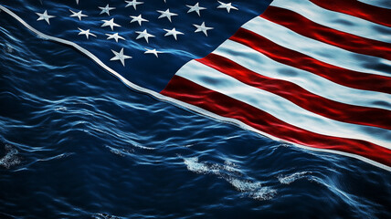 The US flag on a background of blue waves. Patriotic composition of the US Navy. An aircraft carrier in the ocean. The aircraft carrier and flagship of the United States.
