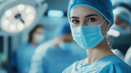 confident female surgeon wearing medical mask and surgical cap in a modern operating room with team in background