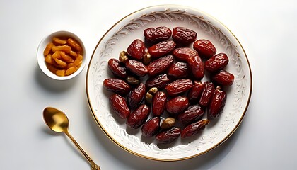 Delicious Medjool Dates on White Plate with Golden Spoon Still Life
