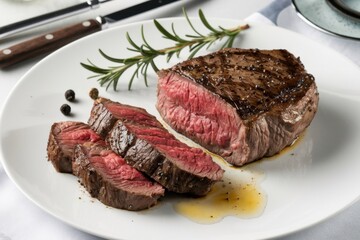 Juicy grilled beef steak with rosemary and pepper served on a white plate at a restaurant