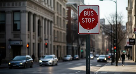 City Bus Stop Sign and Traffic on a Busy Urban Street
