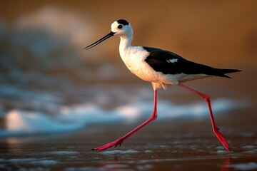 Obraz premium A happy, elegant black-winged bird with long, slender, curved legs, gracefully running on the beach.