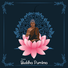 Elegant Happy Buddha Purnima illustration with Lord Buddha on a lotus flower, a Bodhi tree behind him, and a dark background, ideal for greeting cards, posters, and spiritual designs.