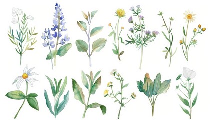 Charming Hand - Drawn Vector Watercolor Set: Herbs, Wildflowers, and Spices for a Rustic Touch