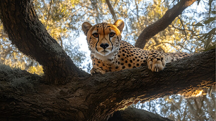 A regal cheetah surveys its kingdom from a sun-dappled oak branch, a moment of serene power in the dappled sunlight.