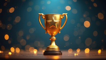 Gold star trophy award on dark blue bokeh background. Success concept, best prize for winner. Golden cup, achievement symbol for champion. Victory, leadership and success in sports.
