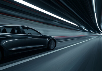 Obraz premium Luxury sports car speeding through tunnel at night, side angle motion blur capturing speed and performance