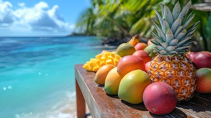 Tropical paradise bounty: a vibrant collection of mangoes, pineapple, and other exotic fruits basks in the sun beside a turquoise ocean, bathed in warm sunlight.