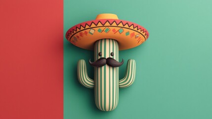 Colorful cactus character wearing a sombrero with a mustache against a vibrant background of red and teal for fiesta and celebration themes