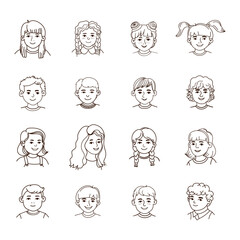 Vector Outline Illustration of Portraits of Cute Children Isolated on White Background