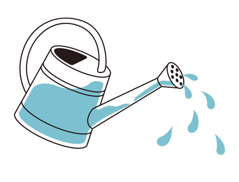 A garden watering can that pours drops of water. A garden tool in the doodle style. Vector illustration isolated on a white background