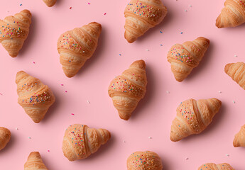 Pattern of croissants with colorful sprinkles on pastel pink background, playful bakery concept and breakfast pattern design