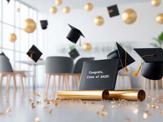 Festive graduation setup with floating caps, golden diplomas, and congratulatory sign for class of 2025. Elegant decor symbolizes success, new opportunities, and bright future.