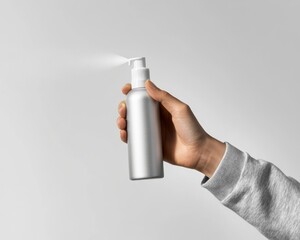 A hand holding a spray can, spraying hair product on a light background, captured in a product photography style.