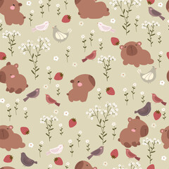 Cute white flowers , strawberry, birds and capybara, seamless pattern.	
