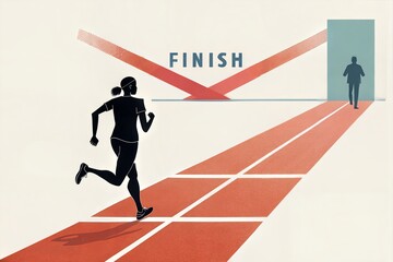 Minimalist collage of a determined person running toward victory, representing success and achievement. (Prize)
