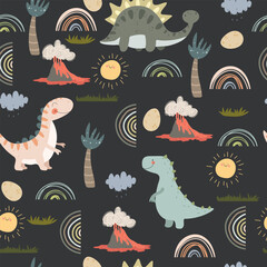 Pattern with dino , volcano, eggs and rainbows on black background, seamless pattern. Cute vector illustration for kids.